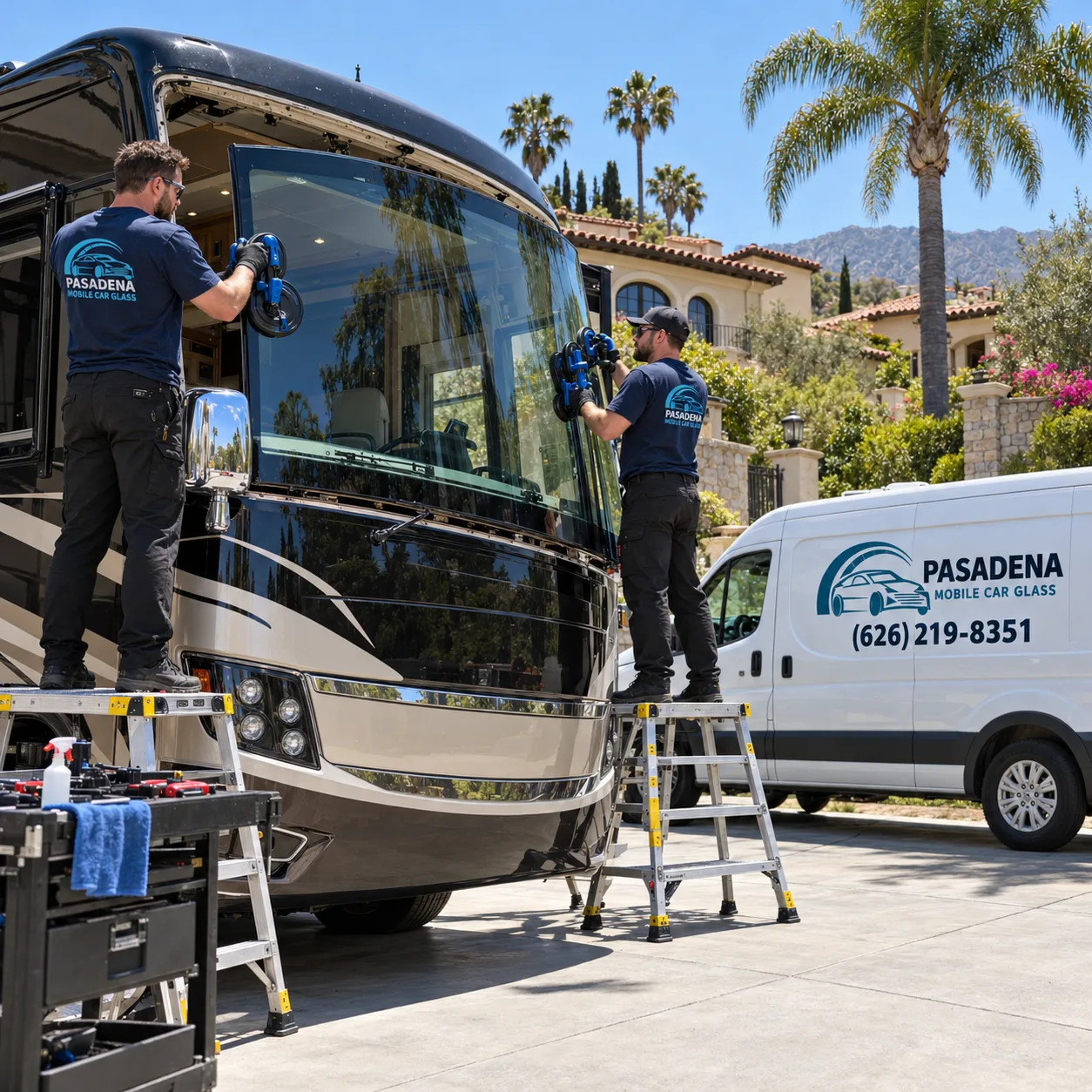 Pasadena Mobile Car Glass technicians installing a motorhome windshield in Pasadena, CA
